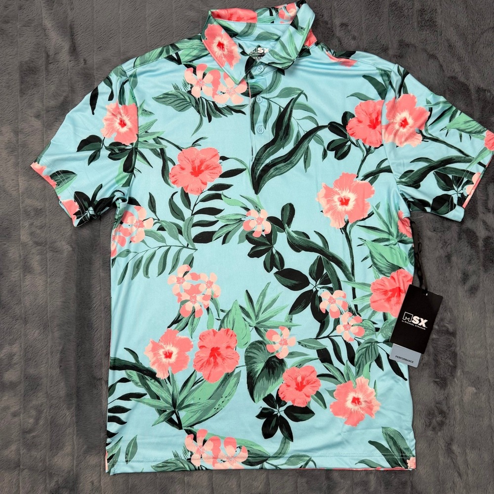 MSX Michael Strahan Mens Performance Floral Polo Shirt Blue Pink Tropical M NWT
